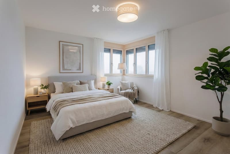 large bedroom with a double bed, white sheets, side tables, lamps, a painting, a chair, white curtains, a rug, and a potted plant