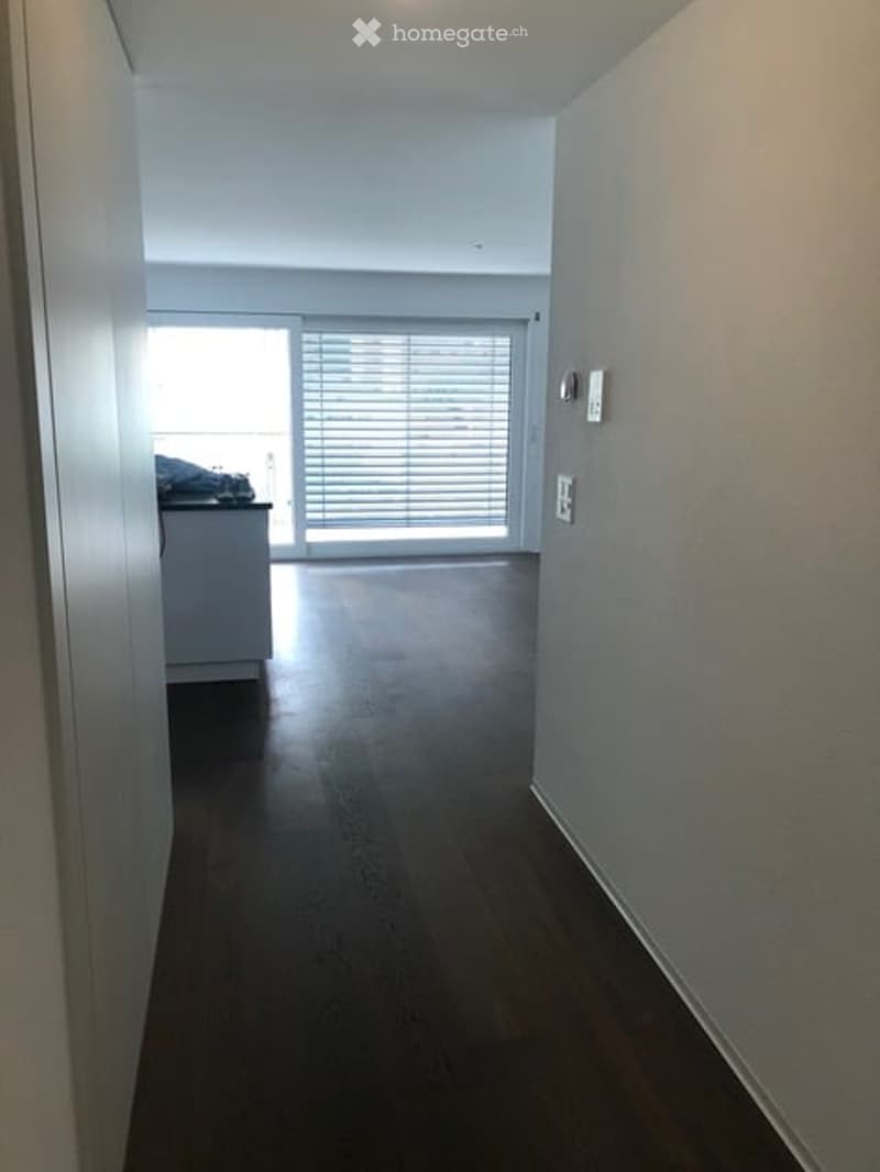 Empty hallway with dark hardwood flooring, white walls, and a large window with blinds at the end, leading to a small kitchen area.