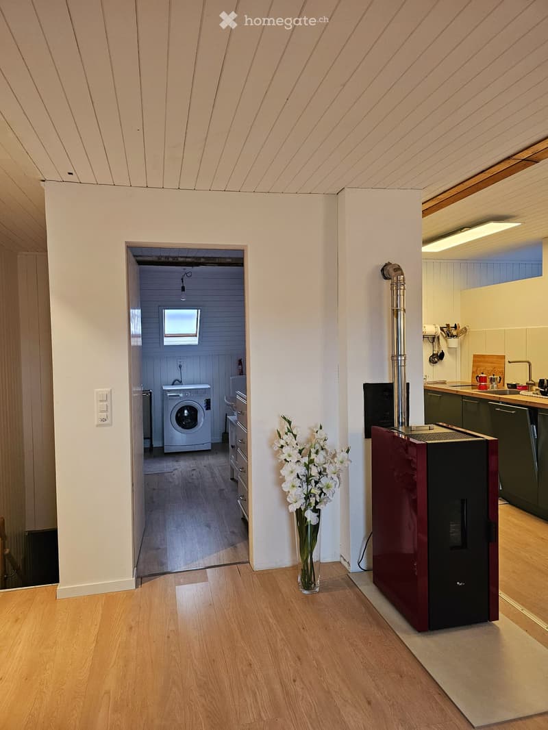 Hallway with wooden flooring, white walls, and a visible fireplace and vase of flowers. A doorway leads to a room with a washing machine and a kitchen area.