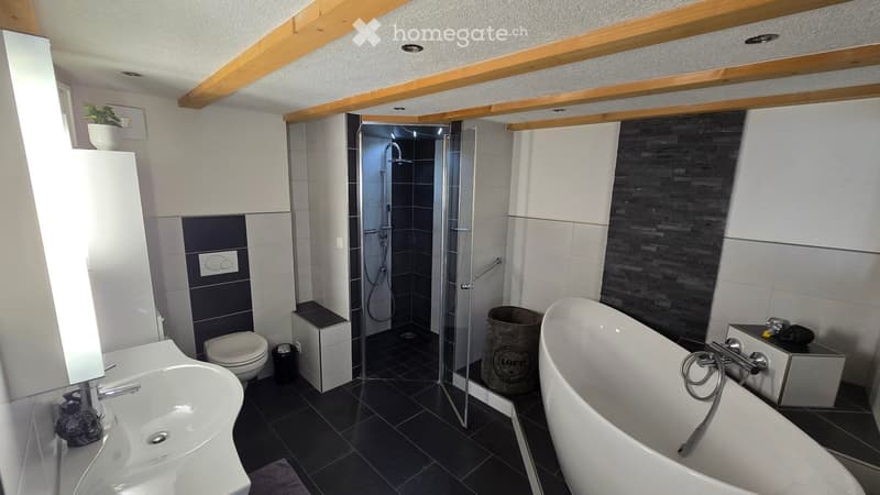 Modern bathroom with a white sink, bathtub, toilet, and glass-enclosed shower. Features dark tiles, wooden beams on the ceiling, and a small plant on the windowsill.