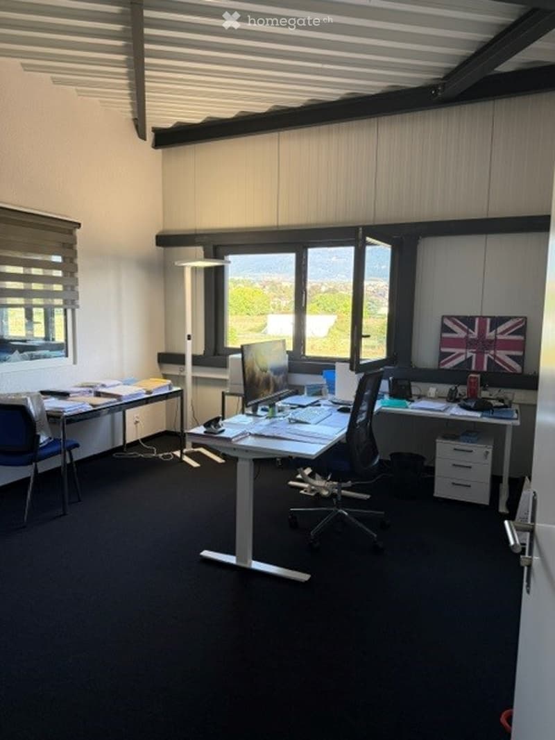 Modern office space with a desk, ergonomic chair, computer setup, and large windows offering a scenic view.