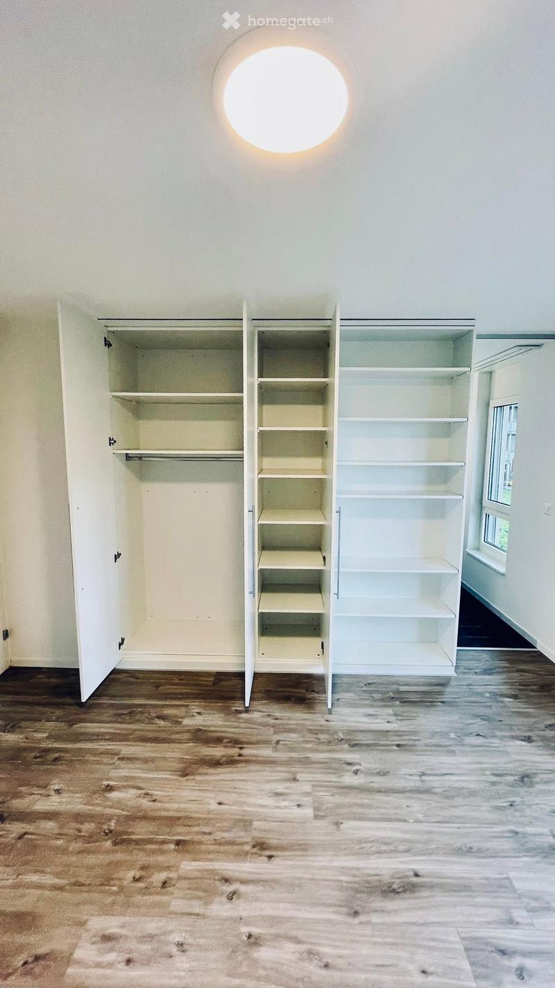 Empty room with wooden flooring, white walls, and built-in open shelving units.