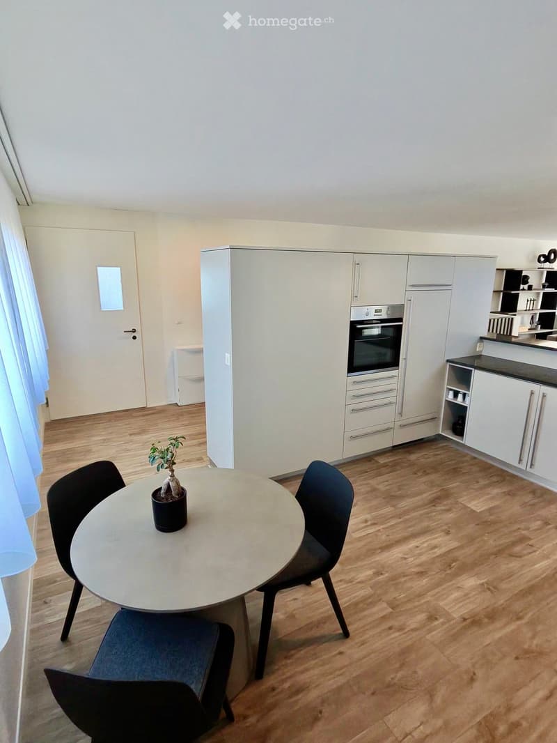 Modern kitchen with white cabinets, a built-in oven, a round dining table with two chairs, and a small potted plant on the table.