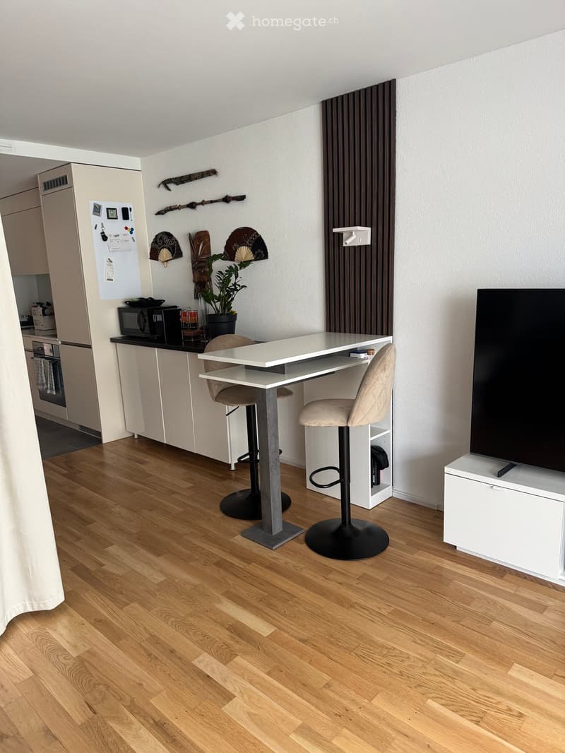 A modern, well-lit room with a wooden floor, a white desk with two chairs, a television on a stand, a small kitchen area with a refrigerator, microwave, and oven, and decorative items including fans and a plant.