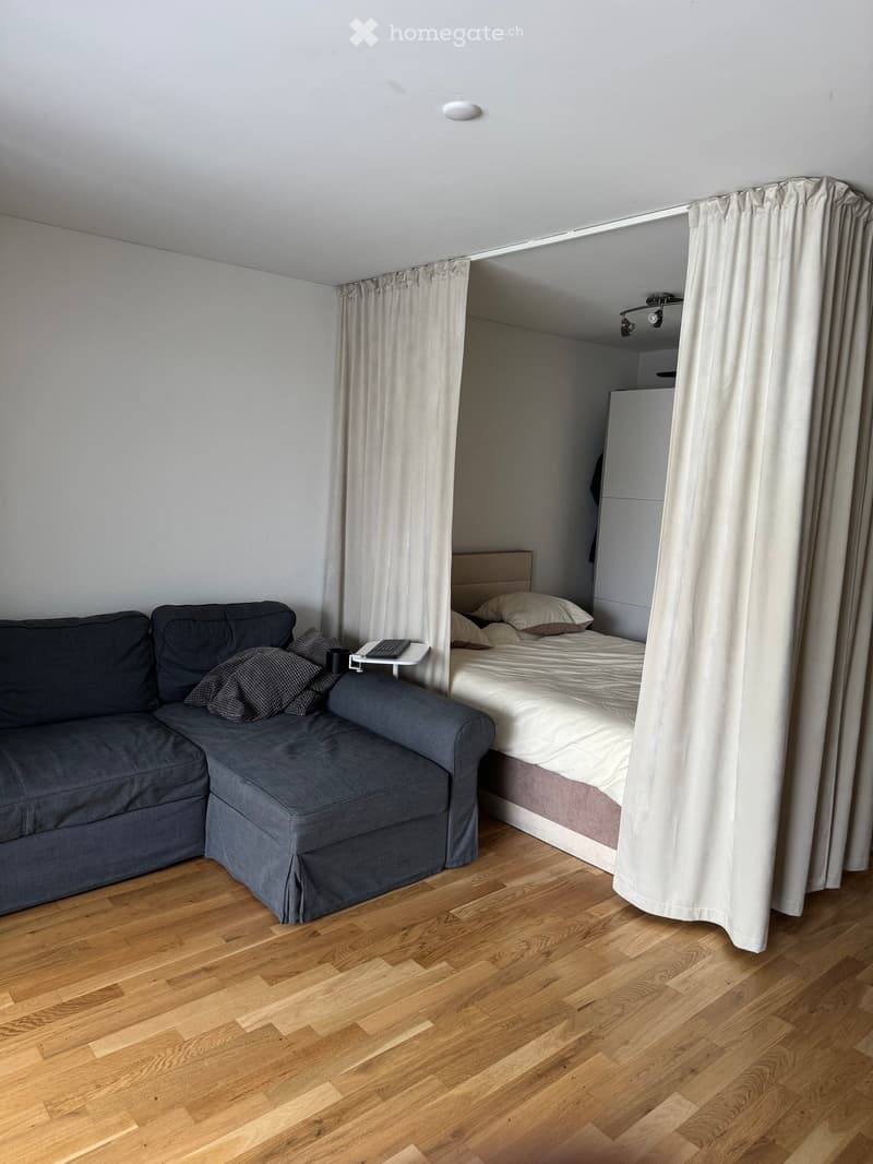 A compact studio apartment with a sofa, a bed separated by curtains, a small table with a laptop, and pillows on both the sofa and bed.