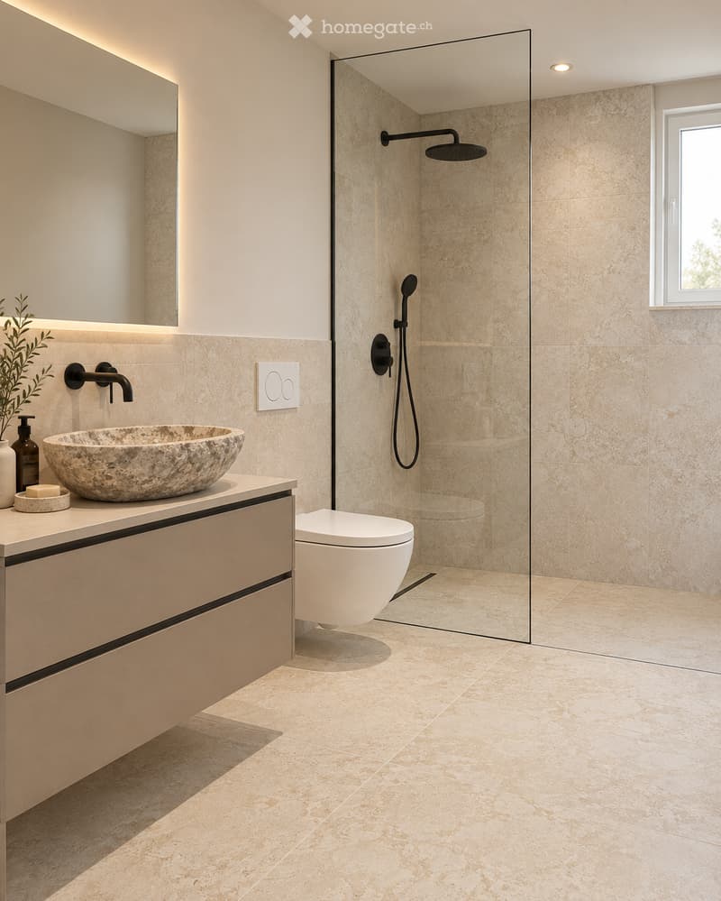 Modern bathroom with beige tiles, a stone sink, a toilet, a shower with a glass enclosure, and a large mirror above the sink.