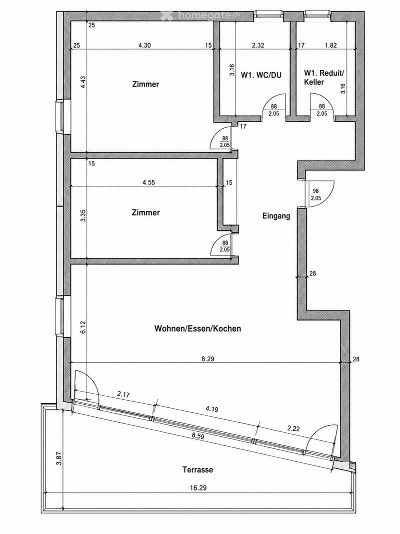 Floor plan showing a living/dining/kitchen area, two bedrooms, a WC/DU, a reduit/keller, an entrance, and a terrace.
