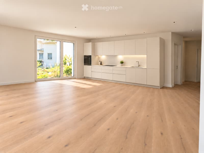 Modern kitchen with white cabinets, wooden flooring, large windows, sink, oven, and small plant on the counter.