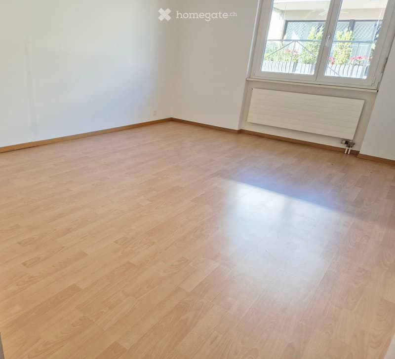 Empty room with light wooden flooring, white walls, and a large window with a radiator below it.