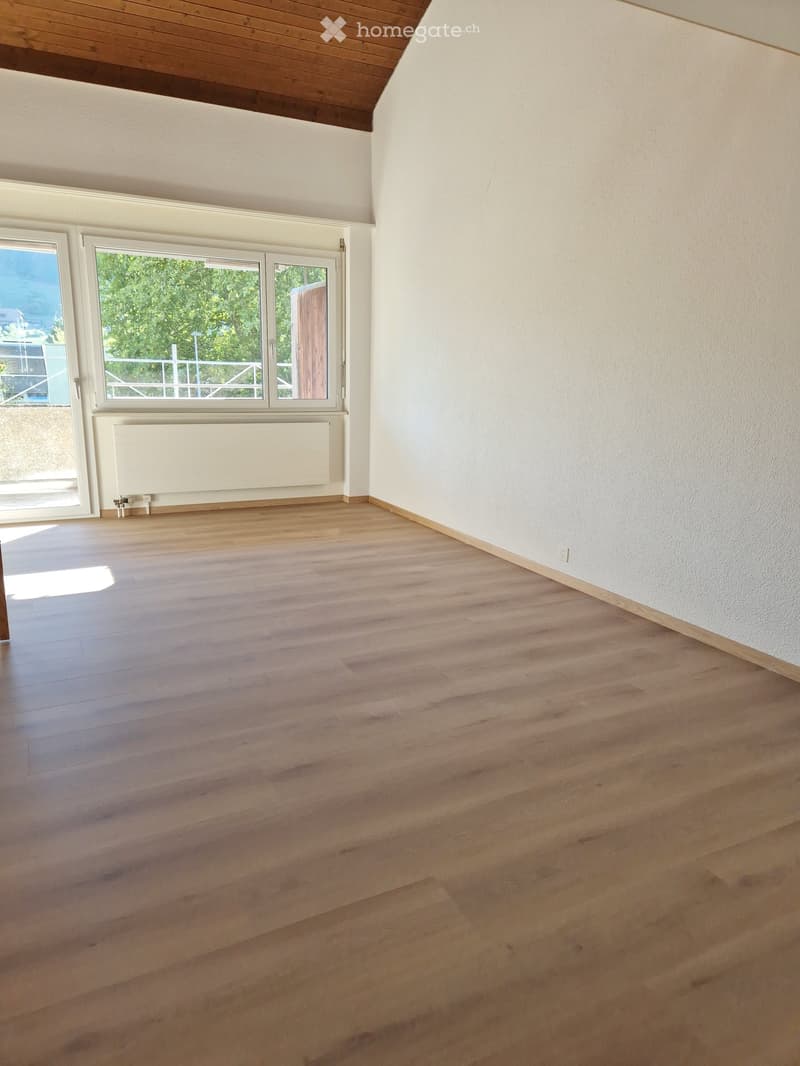 Empty room with wooden flooring, white walls, large window with view, radiator, and baseboard trim.