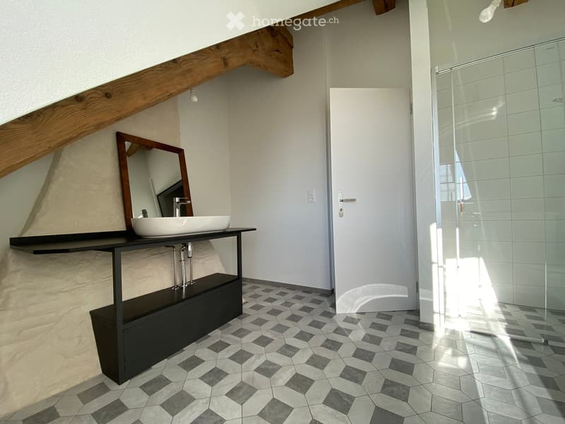 Modern bathroom with hexagonal tile floor, white sink on dark vanity, large mirror, and glass-enclosed shower.