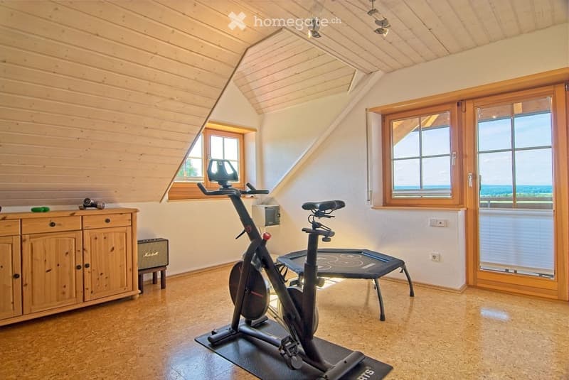 Well-lit attic room with wooden walls and ceiling, featuring an exercise bike, a wooden cabinet, and large windows offering a scenic view.