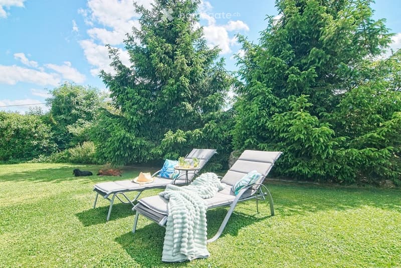 A well-maintained garden with two sun loungers, a small table with drinks, pillows, and a blanket, surrounded by lush green trees and grass.