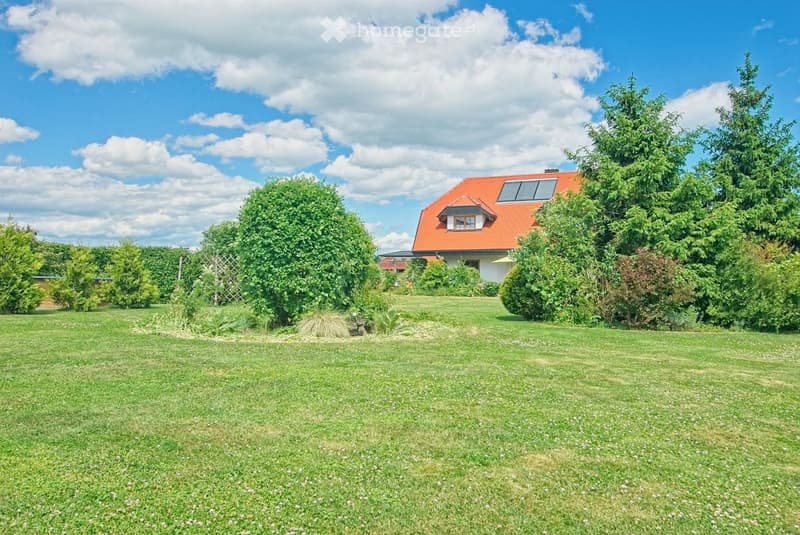 A well-maintained garden with a large, open lawn, surrounded by various trees and shrubs. A house with a red-tiled roof and white walls is visible in the background, partially obscured by greenery.