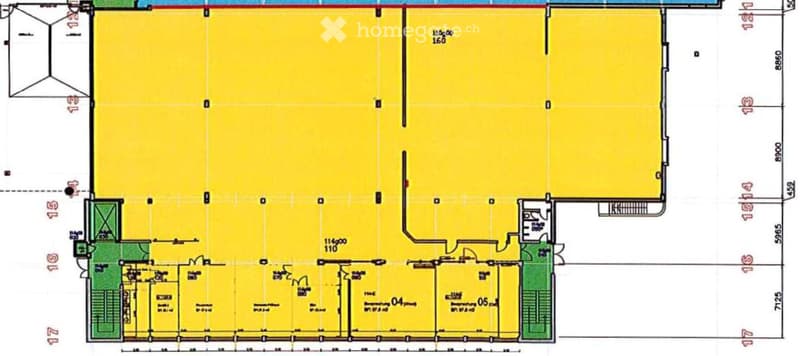Floor plan of a large industrial or warehouse space with multiple sections, including storage areas, offices, and a large open area.