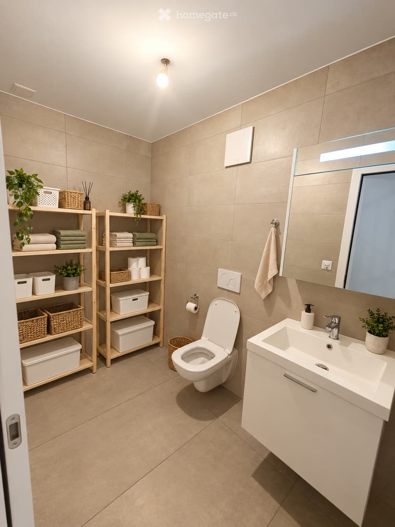 Modern bathroom with beige tiles, a toilet, a sink with a mirror, shelves holding towels, baskets, and plants, and a towel hanging on the wall.