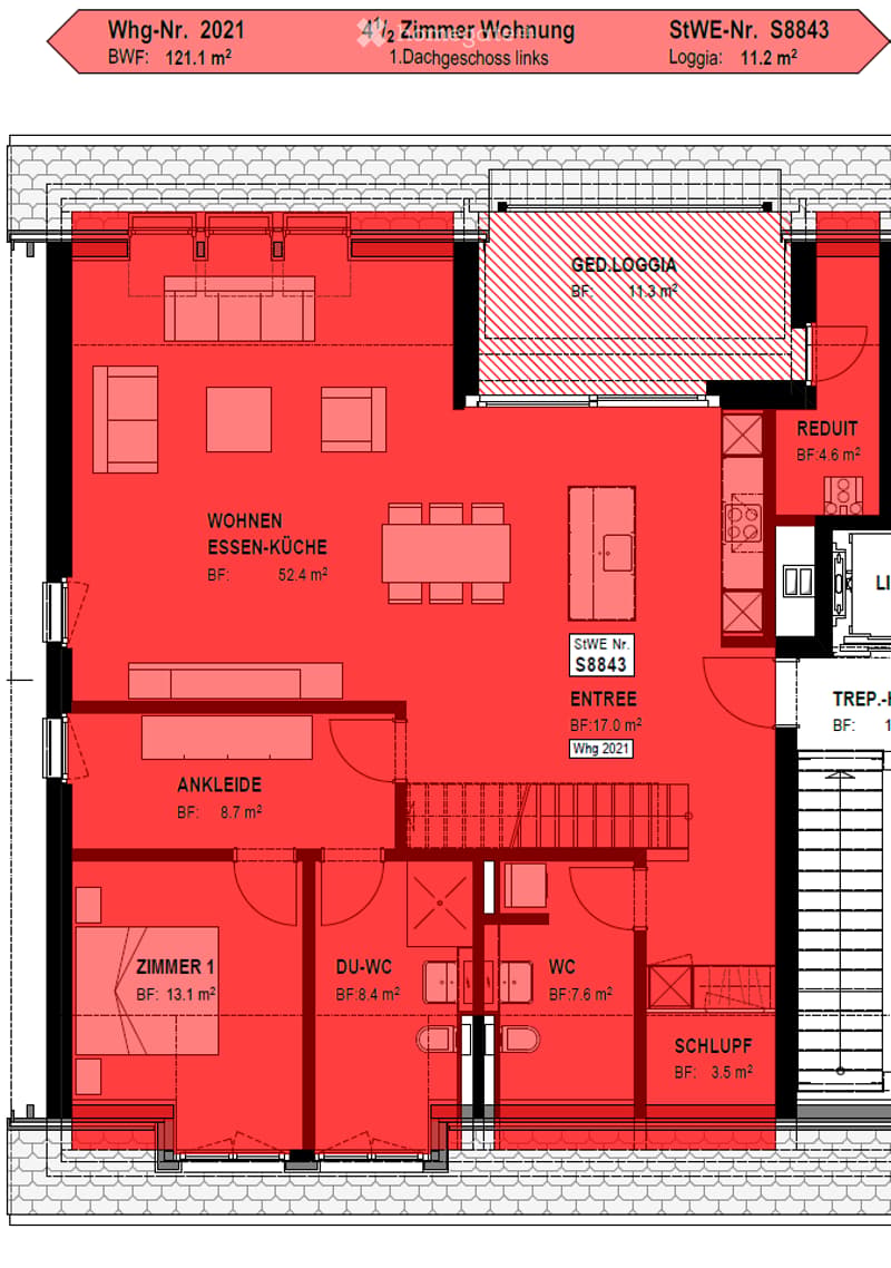 Floor plan of a 4.5-room apartment on the first floor, left side, featuring a living-dining-kitchen area, bedroom, bathroom, and entrance.