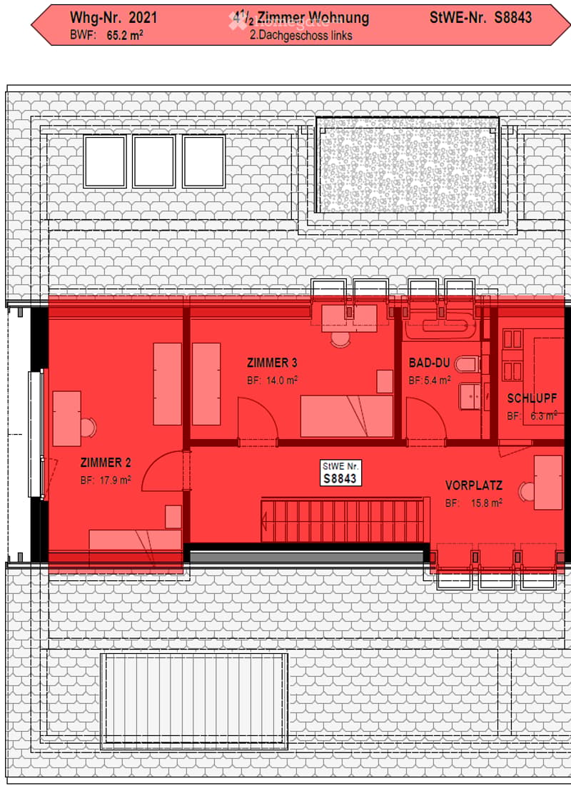 Floor plan of a 4.5-room apartment on the second floor, left side, with labeled rooms including Zimmer 2, Zimmer 3, Bad-DU, Schlaf, and Vorplatz.