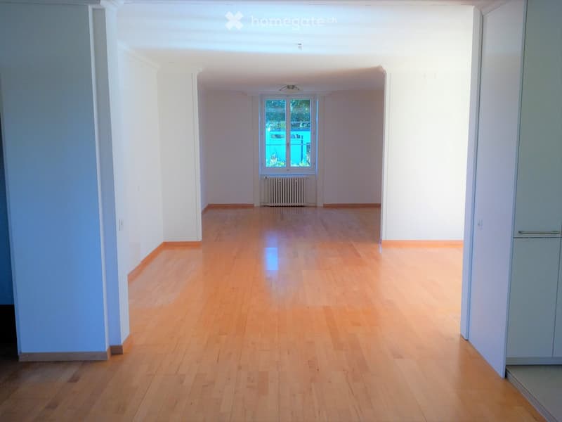 Empty hallway with light wooden flooring, white walls, and a window at the end showing greenery outside.
