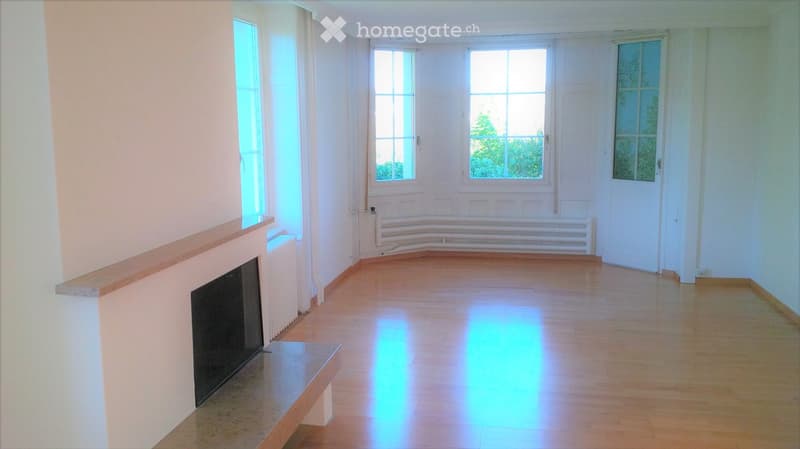 Empty room with wooden flooring, white walls, large windows, and a fireplace with a bench.