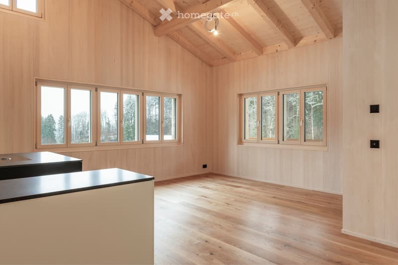 Bright, empty room with wooden walls and ceiling, large windows, and a sleek black countertop.