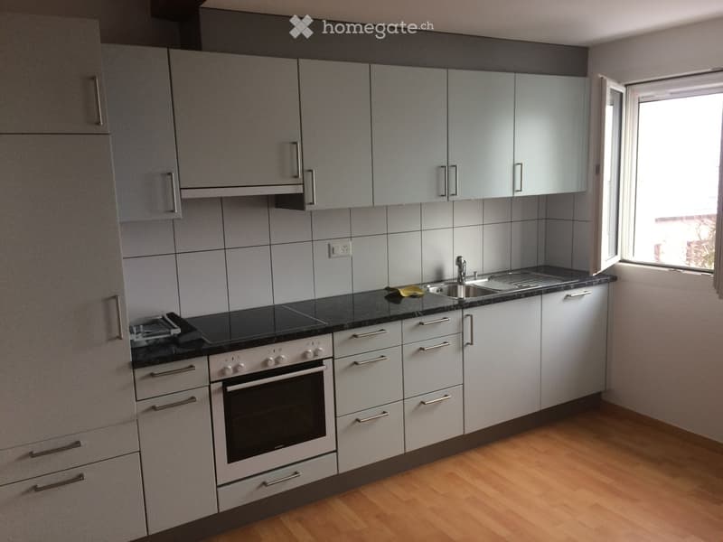 Modern kitchen with grey cabinets, stainless steel appliances, and a black countertop.