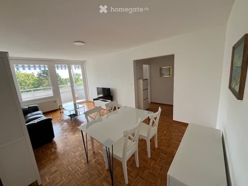 Bright, open-plan living and dining area with wooden flooring, large windows, and a balcony. Features a black sofa, glass coffee table, white dining table with chairs, and a TV stand.