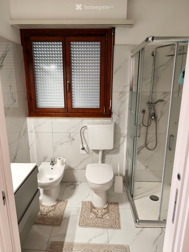Modern bathroom with marble tiles, a toilet, bidet, shower, and a window with frosted glass.