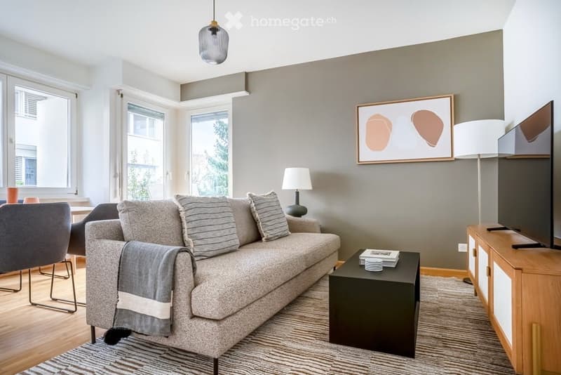 Modern living room with a grey sofa, coffee table, chairs, table lamp, television, sideboard, and picture frame on the wall.