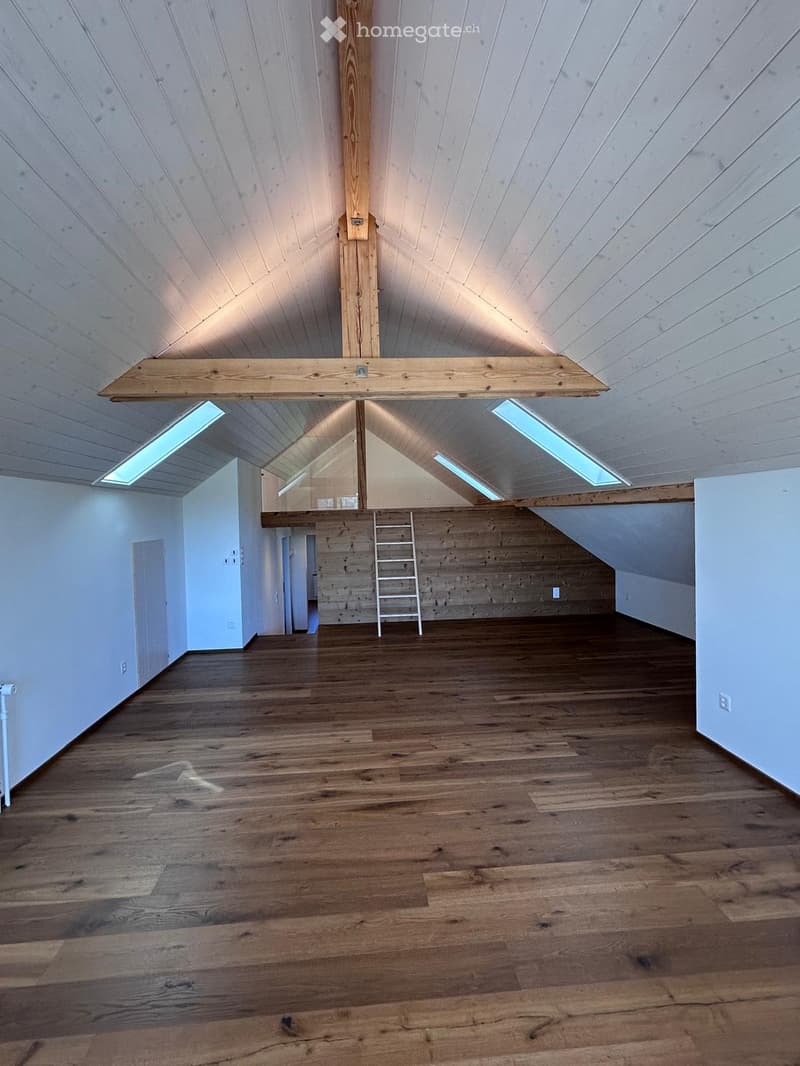 An empty attic space with wooden floors, white walls, exposed wooden beams, skylights, and a ladder leading to another level.