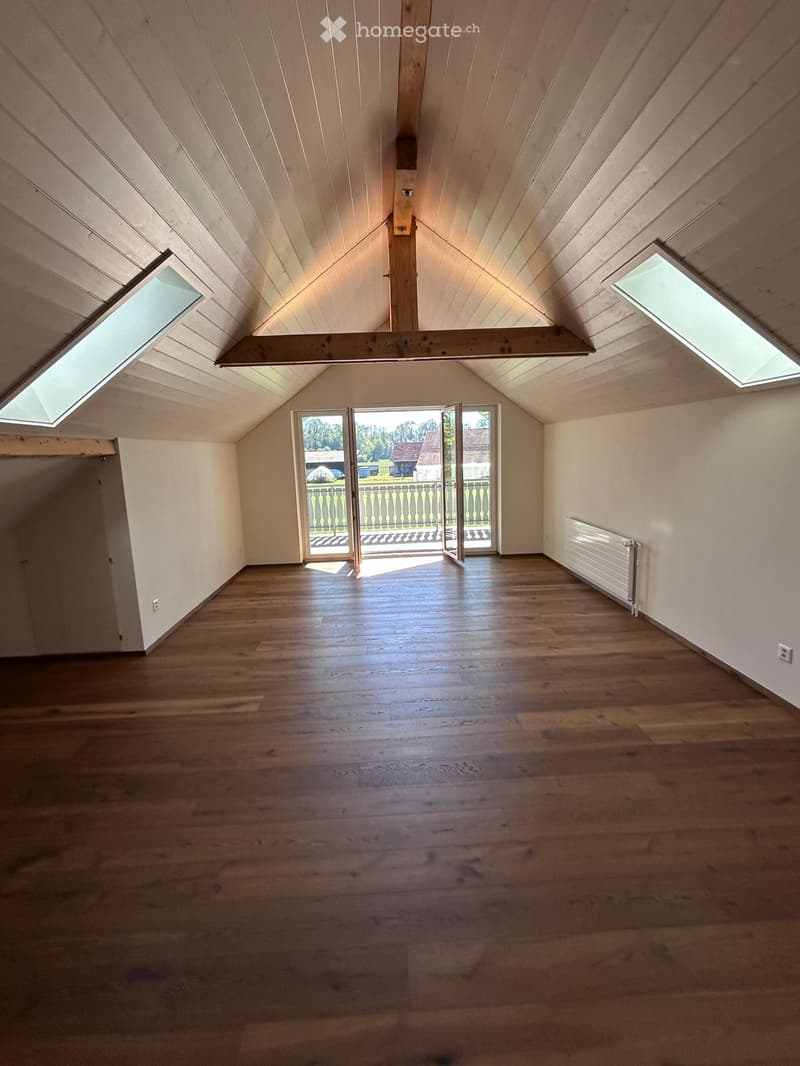 Empty room with wooden flooring, white walls, skylights, and a door leading to a balcony or outdoor area.