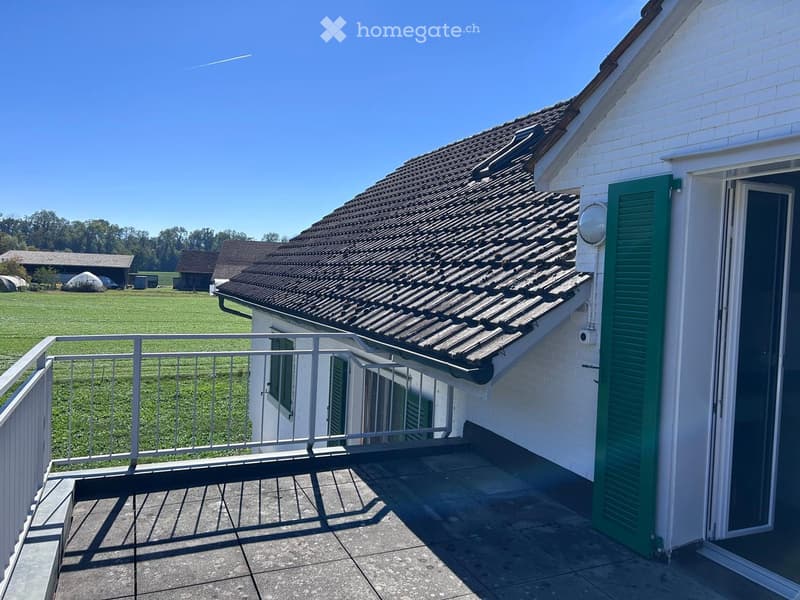 Balcony with metal railing, overlooking a grassy field and rural landscape. The building has white walls, green shutters, and a tiled roof.