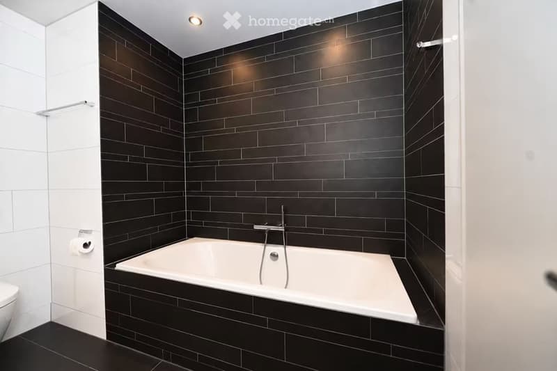 Modern bathroom with black tiled walls and floor, white bathtub, and a toilet visible in the background.