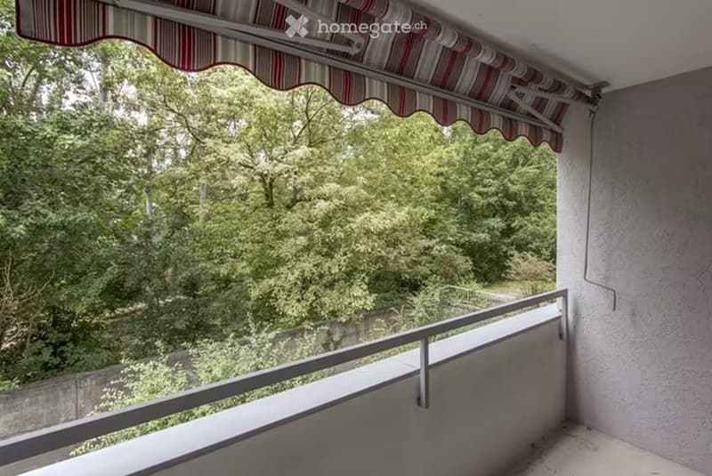 Balcony with striped awning, metal railing, and lush green view of trees and landscape.