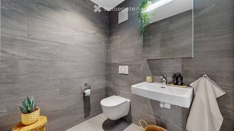 Modern bathroom with grey tiled walls and floor, white toilet, sink, and mirror. Includes a small plant on a stool and a towel hanging on the wall.