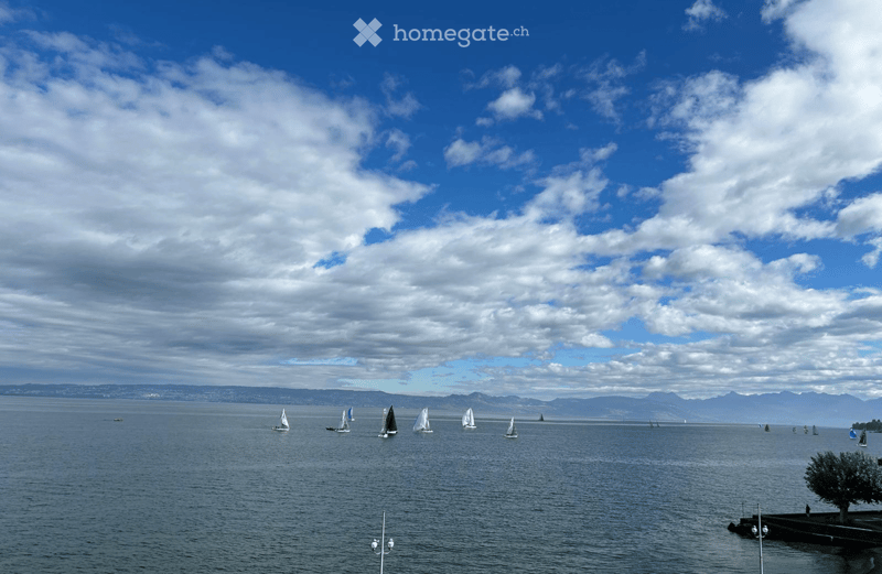 A scenic view of a body of water with multiple sailboats scattered across the surface, under a partly cloudy sky. Distant mountains and a cityscape are visible on the horizon.
