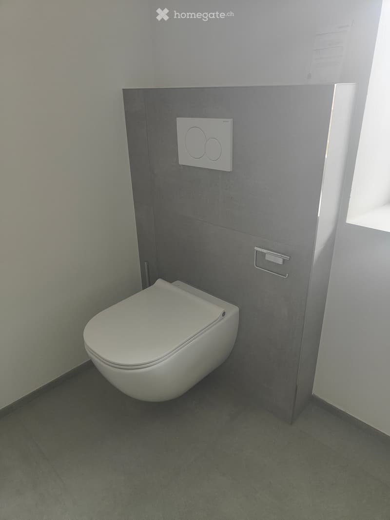 Bathroom: wall-hung toilet, gray tile wall, white floor