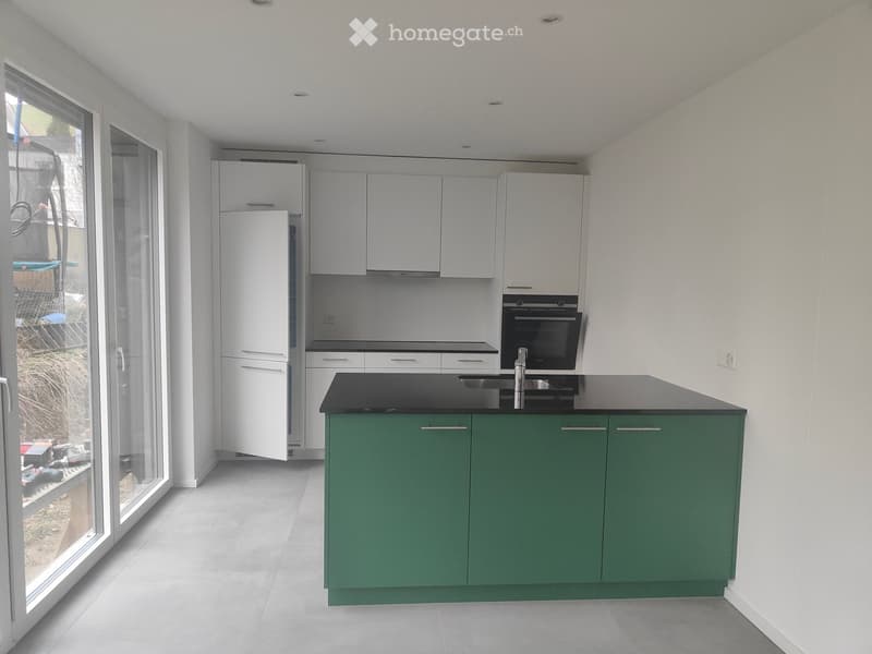 Modern kitchen with green cabinets, black countertops, stainless steel sink and faucet, white appliances, glass door leading to outside.