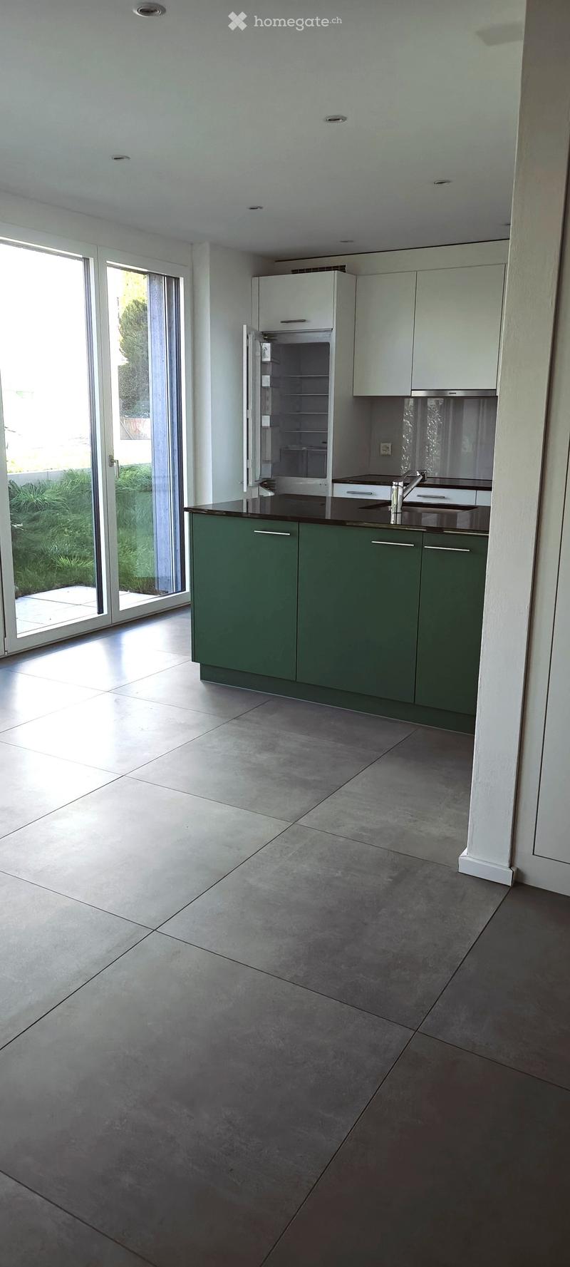 Modern kitchen with green lower cabinets, white upper cabinets, a stainless steel sink, and a refrigerator. The space features large sliding glass doors leading to an outdoor area.