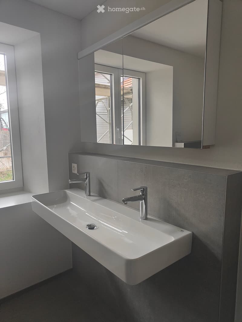A modern bathroom sink with two faucets mounted on a gray wall with a large mirror. Below the mirror is a power outlet. The window has a view of the outdoor environment.
