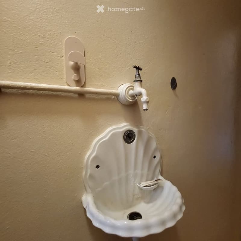 A small, shell-shaped sink with a faucet mounted on a beige wall.