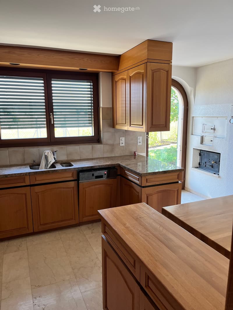 Modern kitchen with wooden cabinets, granite countertops, a sink, and a dishwasher. Features large windows with blinds and an arched doorway leading outside.