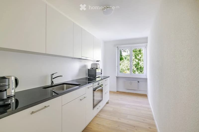 Modern kitchen with white cabinets, black countertops, stainless steel appliances, and a window overlooking greenery.