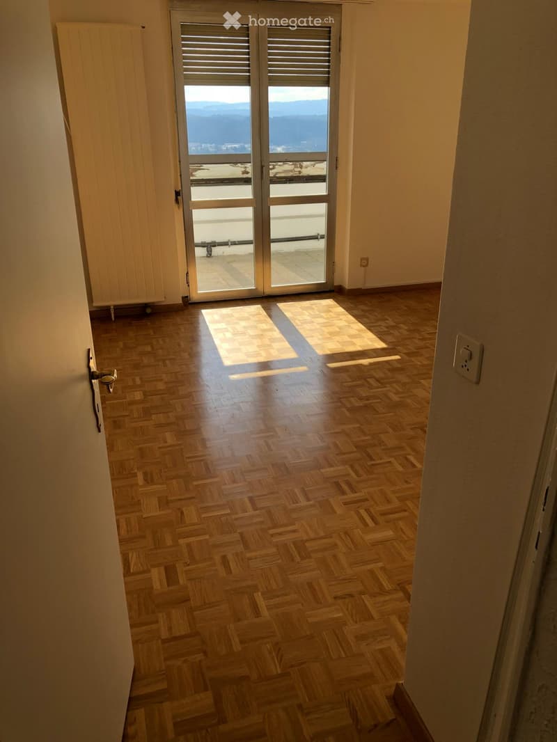 Empty hallway with wooden herringbone flooring, white walls, and a sliding glass door leading to a balcony with a scenic view.