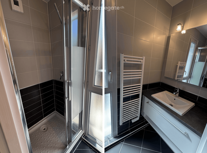 Modern bathroom with a glass-enclosed shower stall and a sink with a mirror and radiator.
