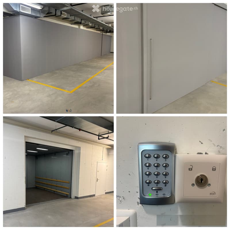 Four images showing a clean, modern underground parking area with concrete floors, white walls, and yellow safety lines. Includes a keypad and lock system on a wall, and an elevator entrance.