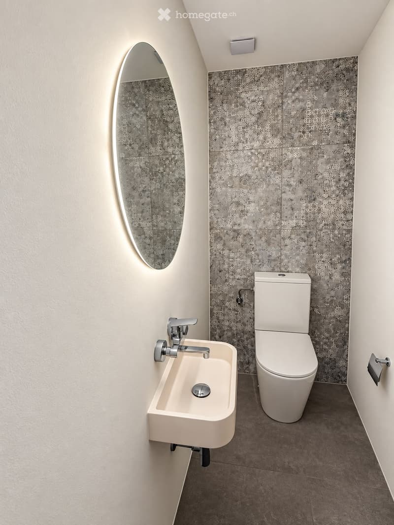 Modern bathroom with a white sink, chrome faucet, toilet, and a decorative oval mirror on the wall.