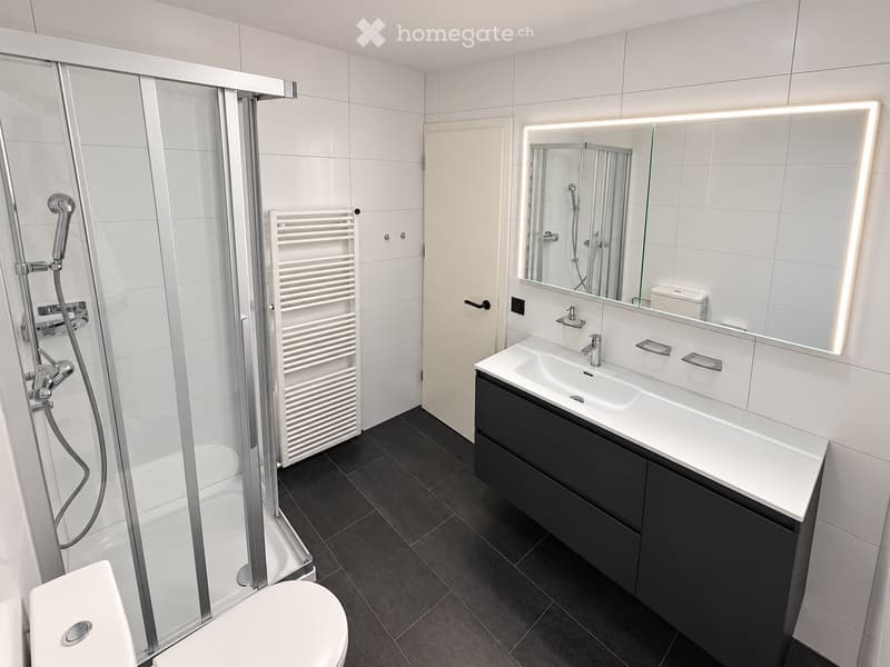 Modern bathroom with a white tiled shower area, a black vanity with a sink and mirror, a toilet, and a radiator. The floor is dark grey tiles.