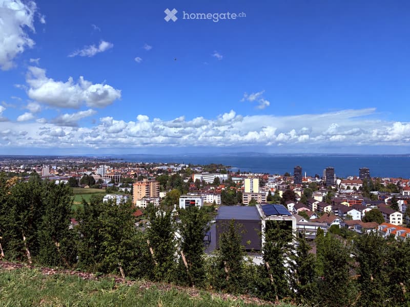 Panoramic view of a cityscape with residential and commercial buildings, surrounded by greenery and a body of water in the distance under a partly cloudy sky.