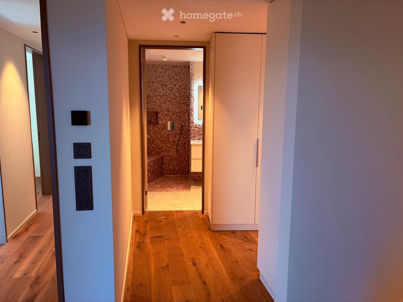 Modern hallway with wooden flooring, white walls, and recessed lighting. A door leads to a tiled bathroom with a shower and a small bench.